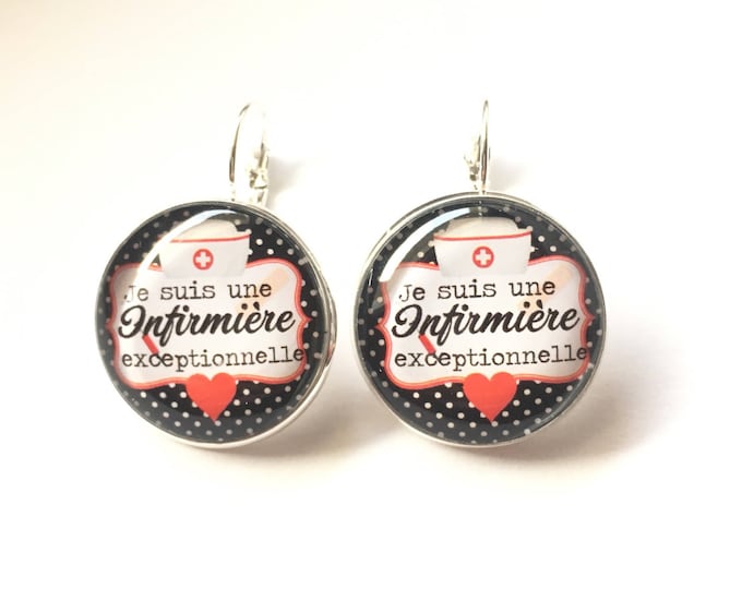 Earrings & single "I'm an exceptional nurse" custom, derision, blue, pink, polka dots, bow, humor