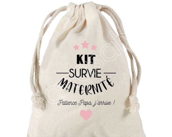 Large Pouch with sliding links "Survival Kit for maternity" 100% cotton! Future Dad, Future Mom, Baby Shower, birth gift