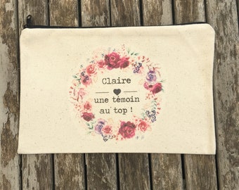 Personalised cotton zippered pouch for a first-name witness gift, date of your choice!   handmade wedding evJF witness