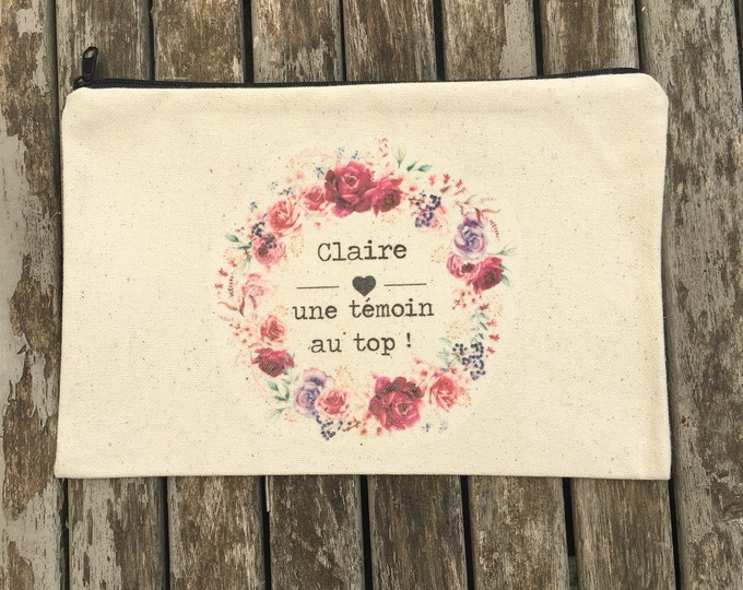 Personalized cotton zipped pouch for witness gift with first name, date of your choice! handmade wedding EVJF wedding witness