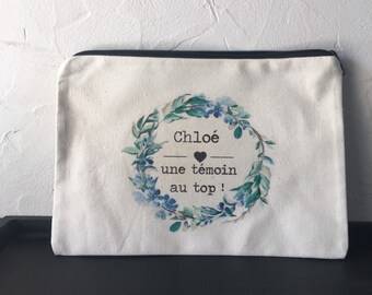 Personalized cotton zipped pouch for witness gift with first name, date of your choice! handmade wedding EVJF wedding witness