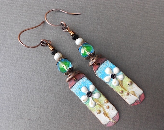 Boho earrings,Summer earrings,Flower earrings,Floral earrings,Enamel earrings,Copper earrings,OOAK earrings,Artisan earrings,Glas earrings