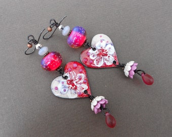 Heart earrings,Boho earrings,OOAK earrings,Long earrings,Floral earrings,Romantic earrings,Enamel earrings,Lampwork earrings,Niobium