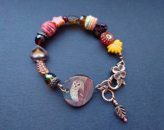 Owl Charm Bracelet, Autumn Beaded Bracelet, Handmade Artisan Jewelry
