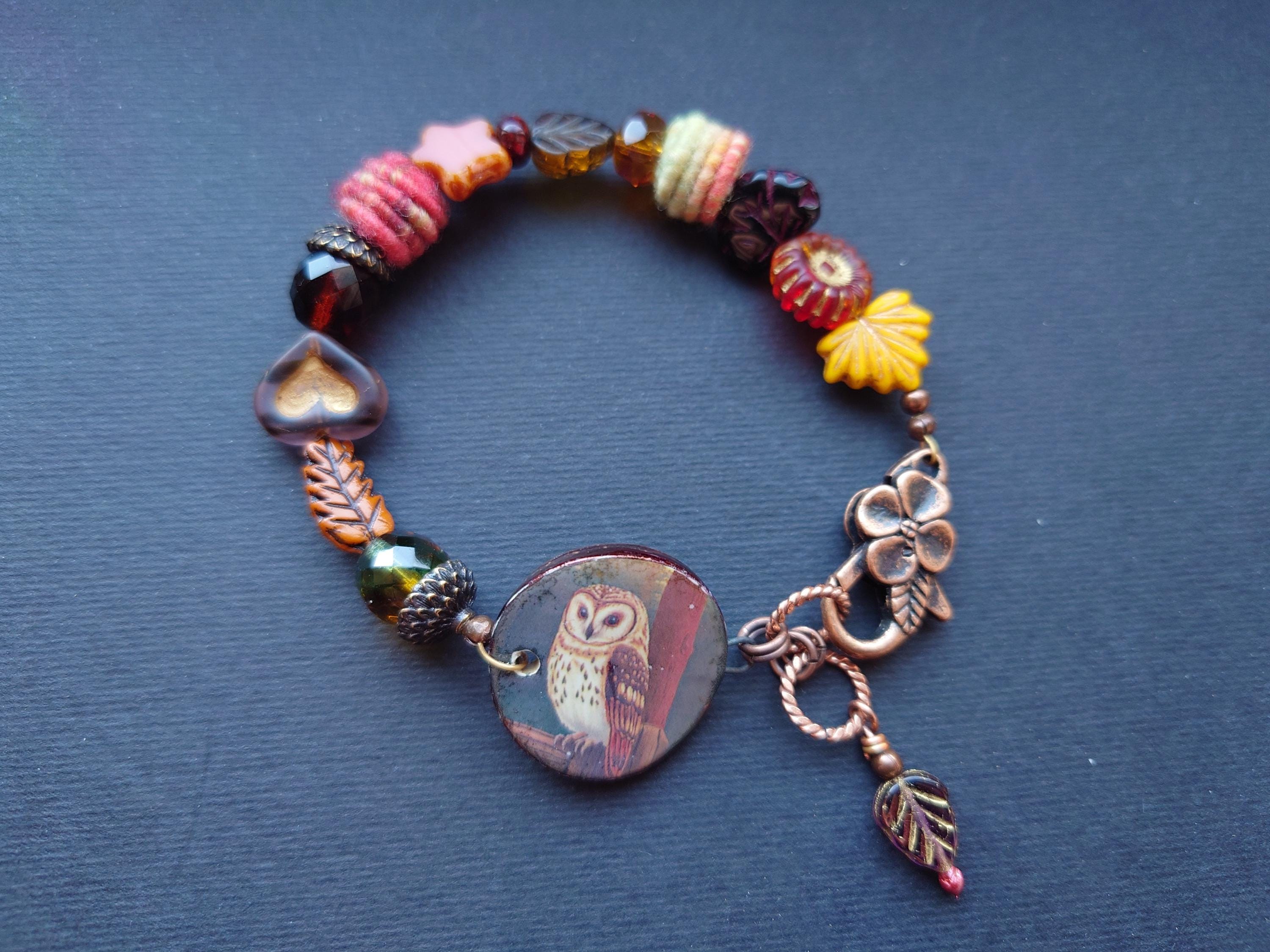 Owl Charm Bracelet, Autumn Beaded Bracelet, Handmade Artisan Jewelry