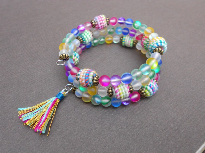 Multicolour bracelet,Multi wrap bracelet,Boho bracelet,Memory wire bracelet,OOAK bracelet,Fabric bracelet,Crystal bracelet,Tassel bracelet