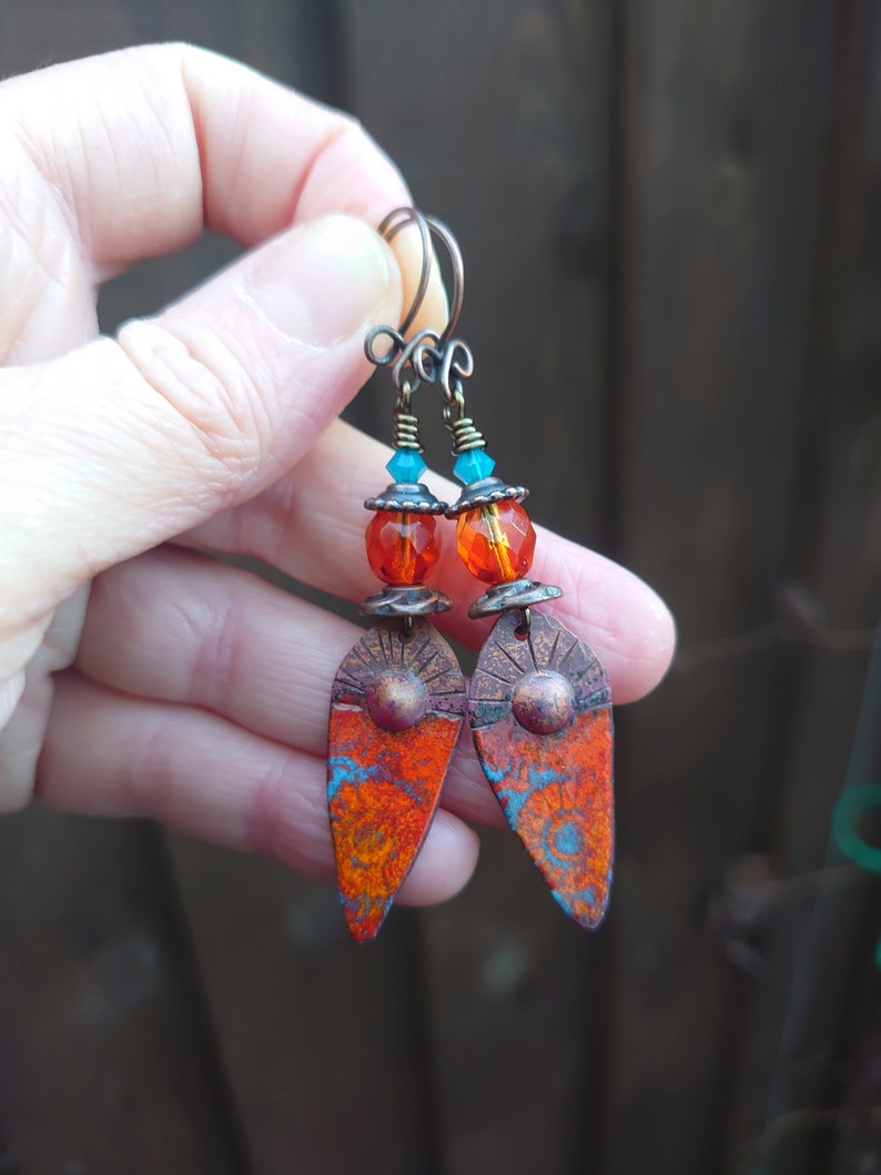 Tribal earrings,Ethnic earrings,Enamelled earrings,Glass earrings,Ombre earrings,Enamel earrings,Copper earrings,OOAK earrings,Boho earrings