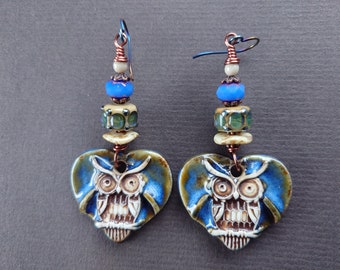 Artisan Owl Earrings: Lampwork Glass & Ceramic Heart Charms