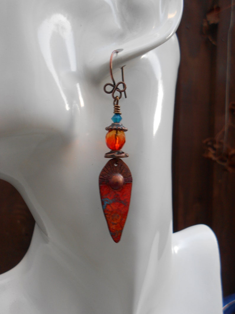 Tribal earrings,Ethnic earrings,Enamelled earrings,Glass earrings,Ombre earrings,Enamel earrings,Copper earrings,OOAK earrings,Boho earrings
