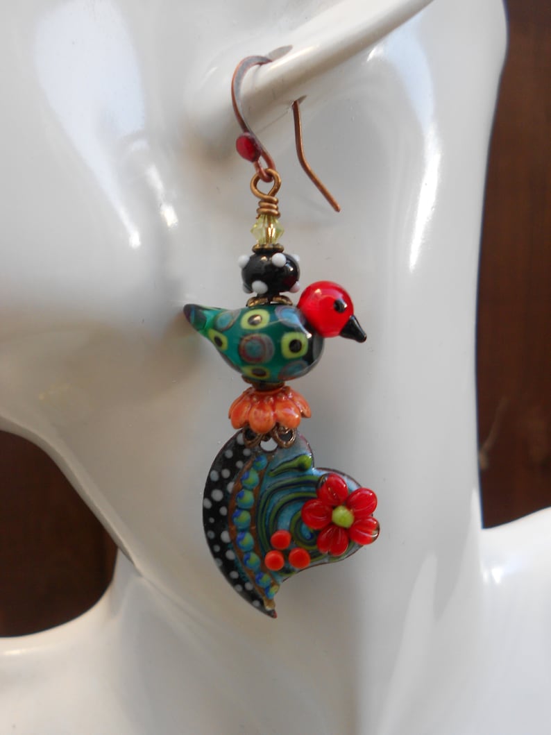 Bird earrings,Floral heart earrings,Heart earrings,Flower earrings,Enamelled earrings,Lampwork earrings,Romantic earrings,OOAK earrings,Boho