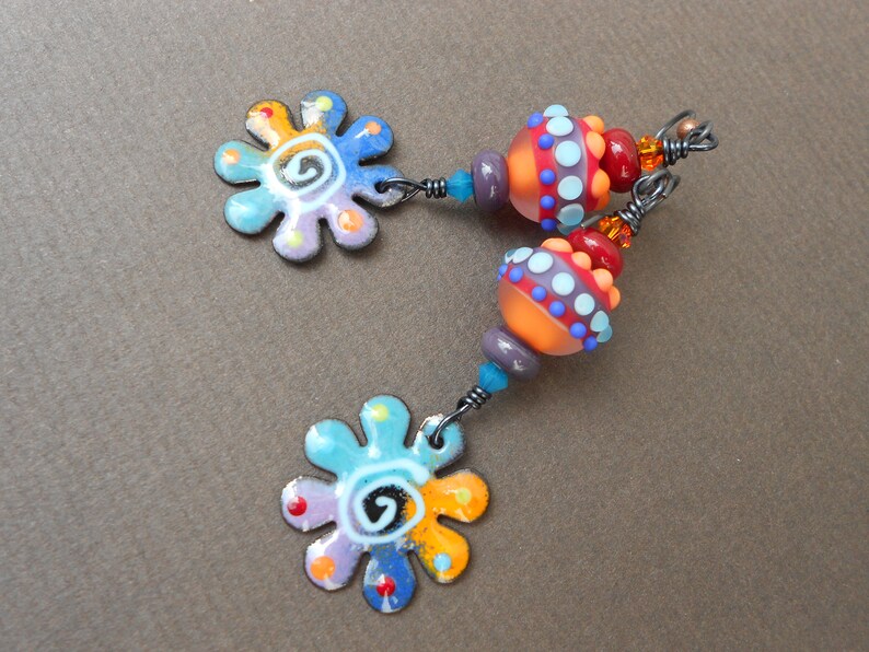 Boho earrings,Multicolour earrings,Lampwork glass earrings,Flower earrings,Enamel earrings,OOAK earrings,Dangle earrings,Hypoallergenic