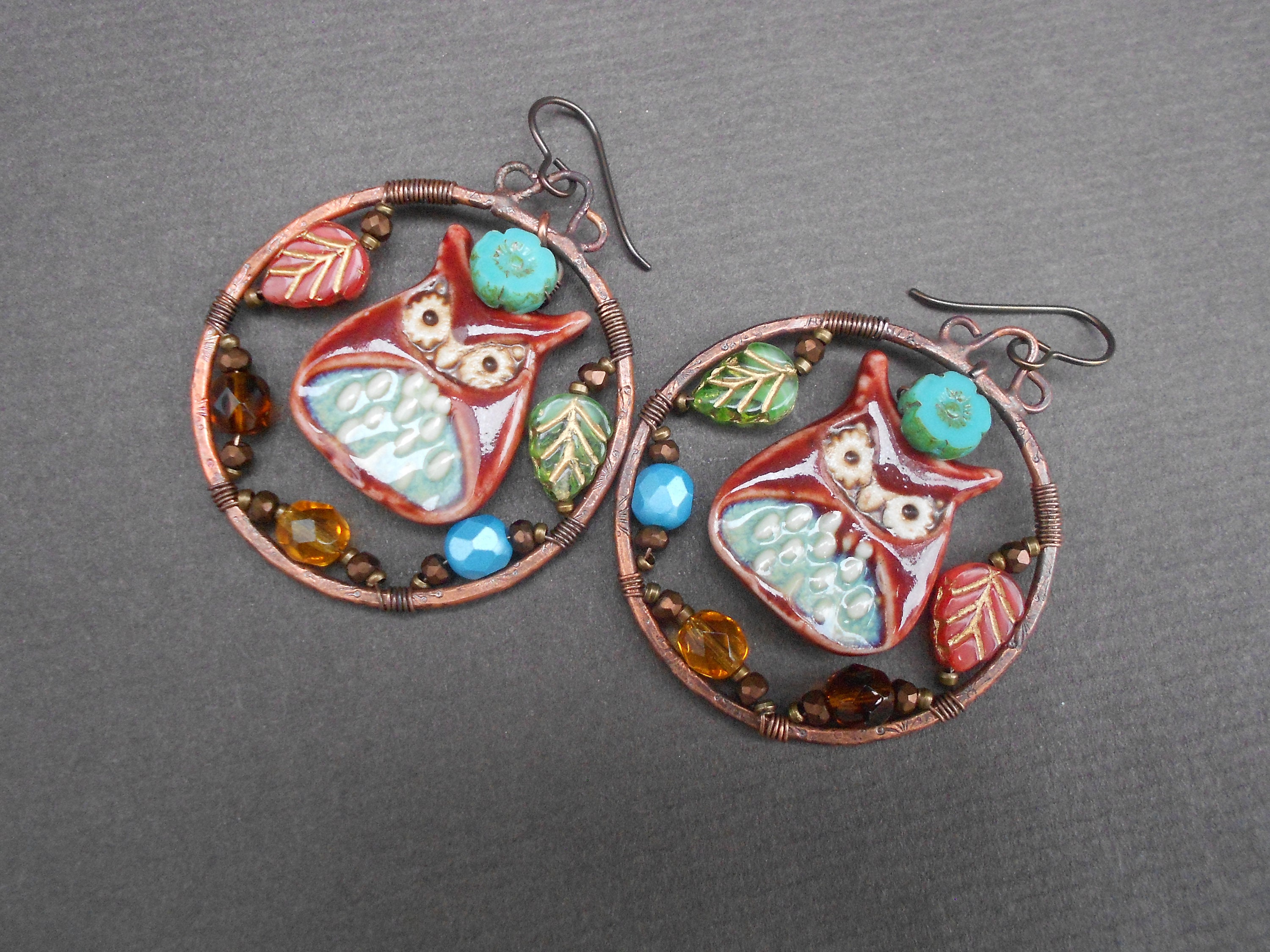 Ceramic Owl Earrings: Wire Wrapped Copper Hoop, Czech Glass Leaf
