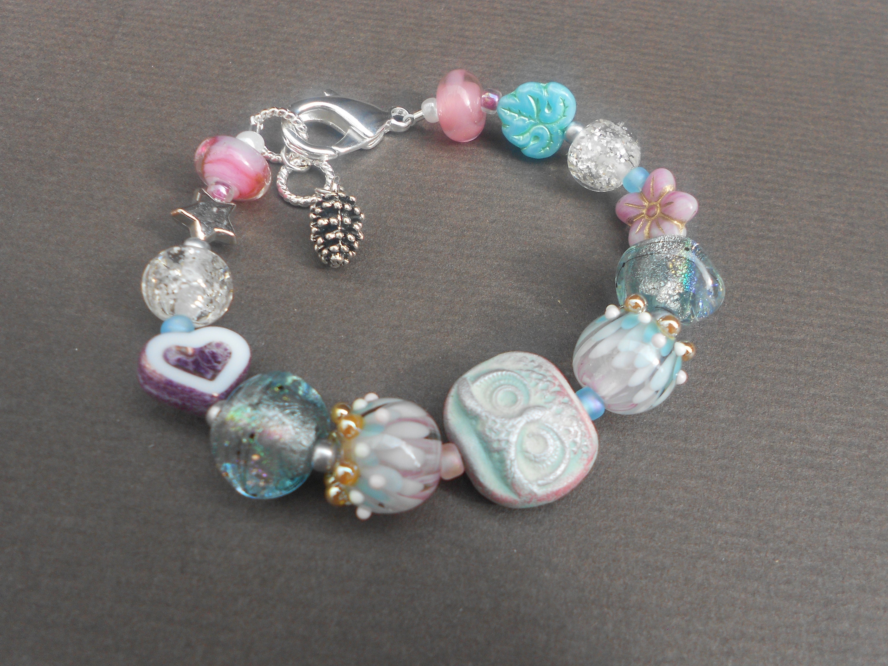 Owl Beaded Bracelet: Lampwork Glass, Ceramic Boho Charm