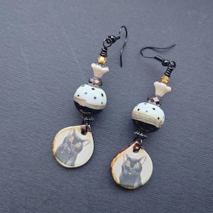 Black Cat earrings,Ceramic earrings,Cat earrings,Lampwork earrings,Cats Lover earrings,Glass earrings,Pottery earrings,Artisan earrings
