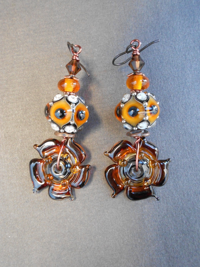 Flower earrings,Lampwork earrings,Glass earrings,Floral earrings,Niobium earrings,Artisan earrings,OOAK earrings,Ombre earrings,Boho,Copper