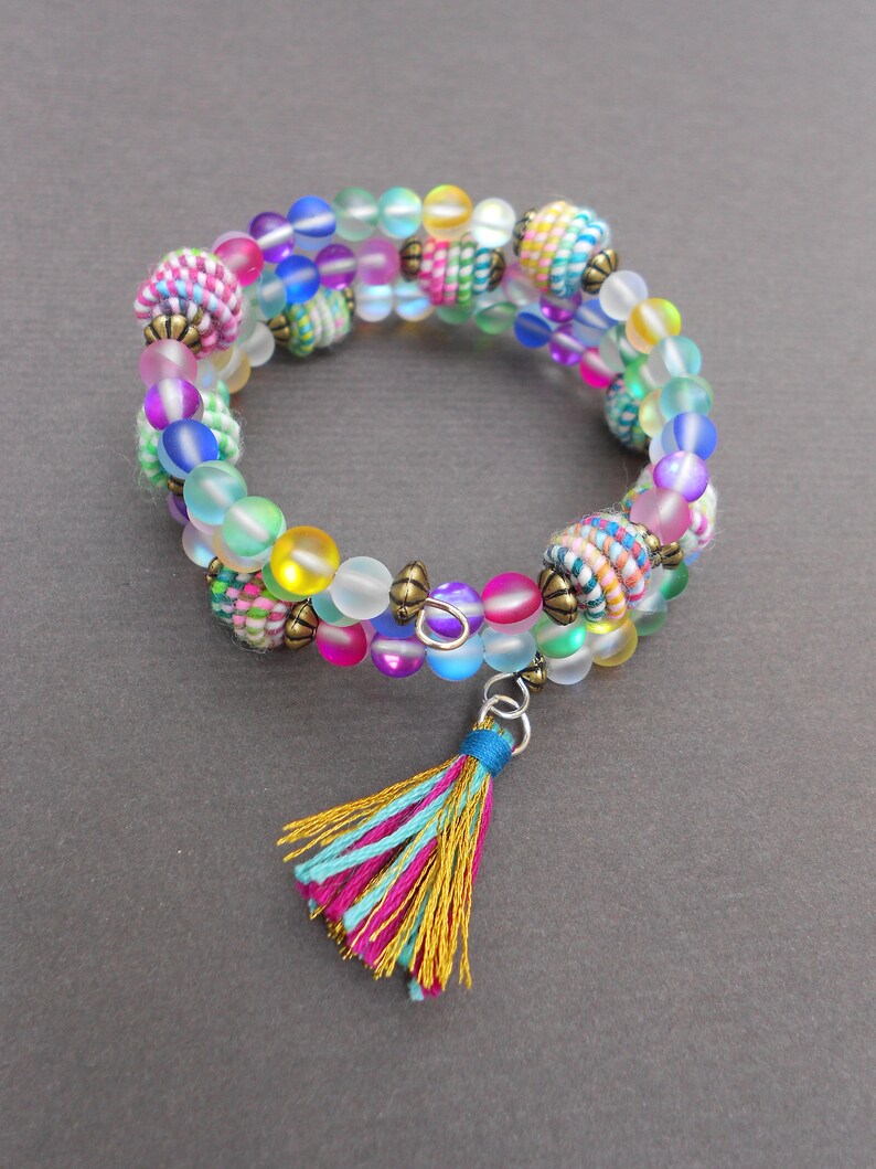 Multicolour bracelet,Multi wrap bracelet,Boho bracelet,Memory wire bracelet,OOAK bracelet,Fabric bracelet,Crystal bracelet,Tassel bracelet
