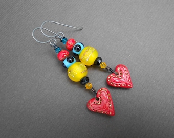 Boho Ceramic Heart Earrings: Lampwork Glass & Sterling Silver