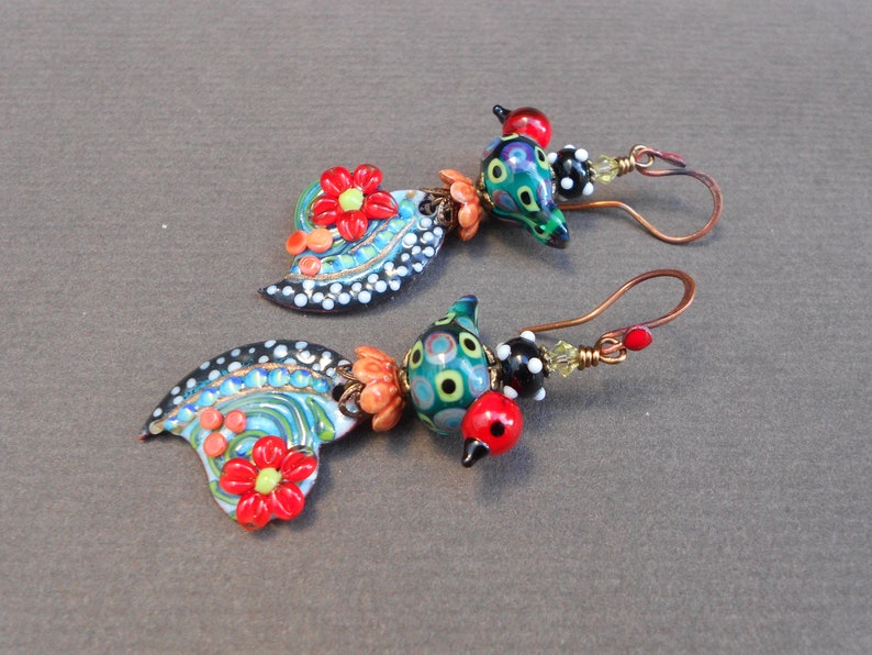 Bird earrings,Floral heart earrings,Heart earrings,Flower earrings,Enamelled earrings,Lampwork earrings,Romantic earrings,OOAK earrings,Boho