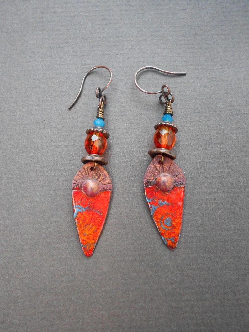 Tribal earrings,Ethnic earrings,Enamelled earrings,Glass earrings,Ombre earrings,Enamel earrings,Copper earrings,OOAK earrings,Boho earrings