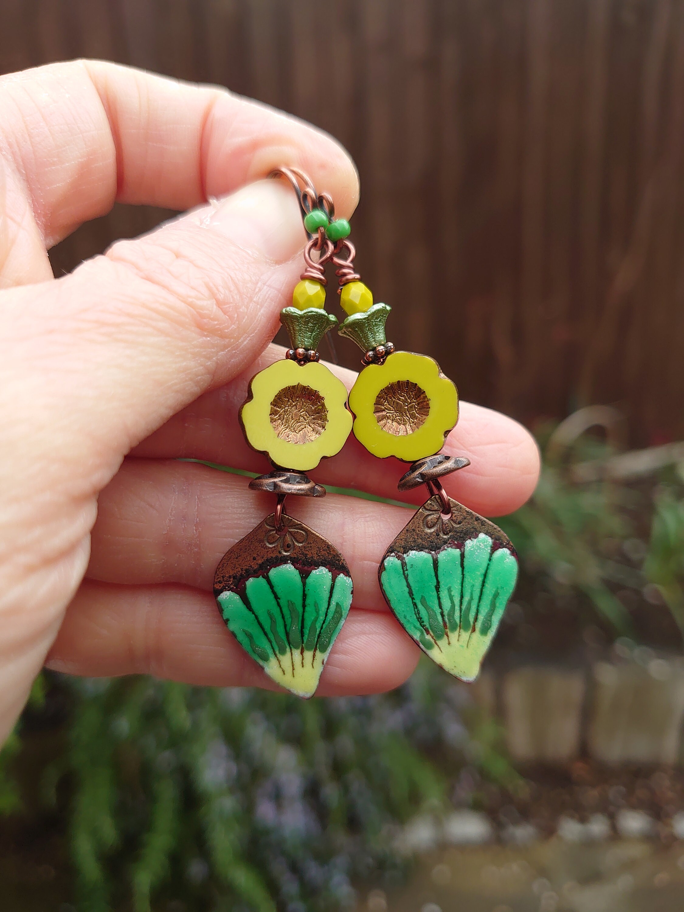 Boucles D'oreilles Verre Filé Au Chalumeau Et Cuivre émaillé Fleuri - Création Artisanale Française