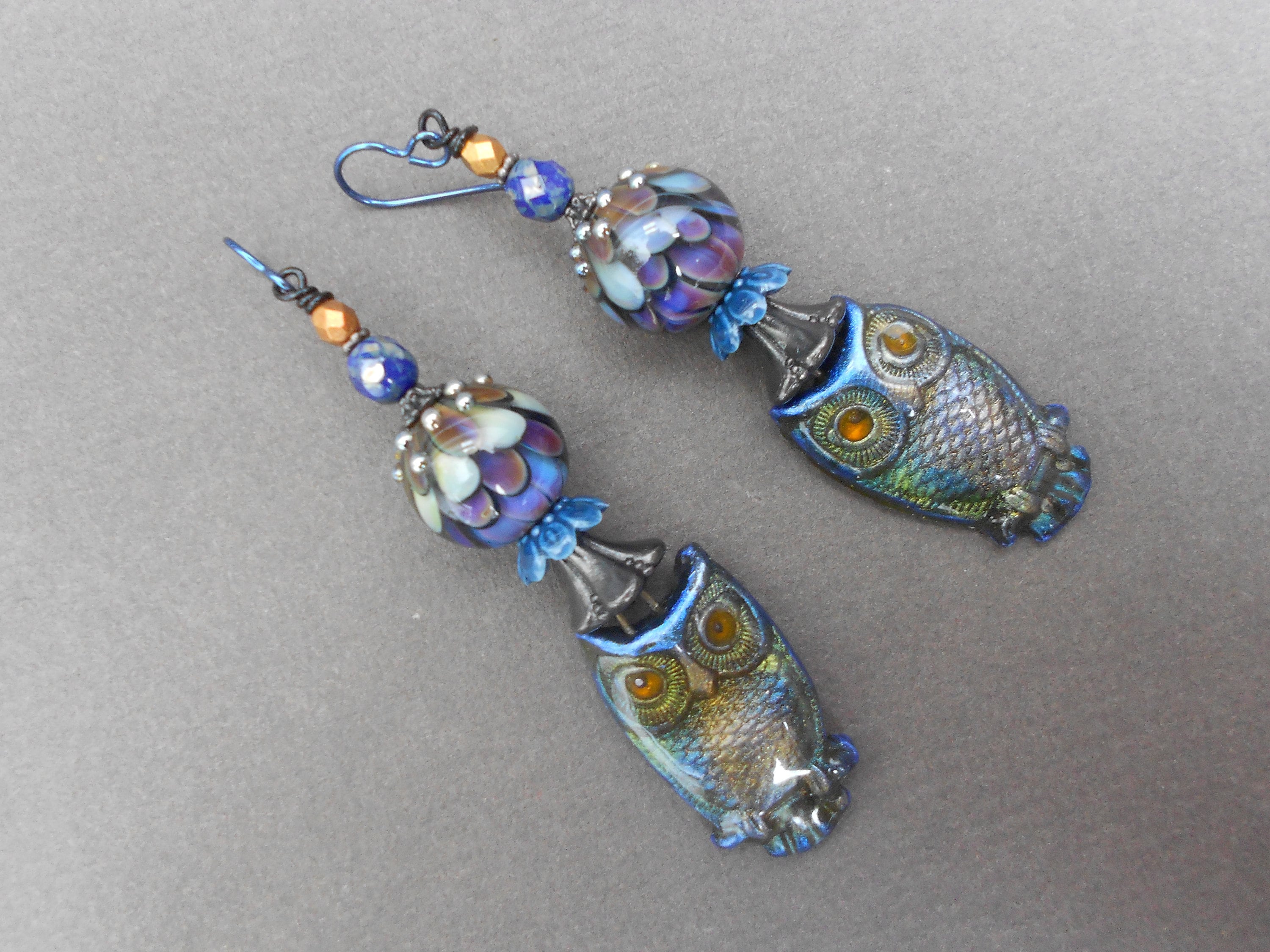 Lampwork Glass Owl Earrings: Polymer Clay, Niobium Boho Earrings