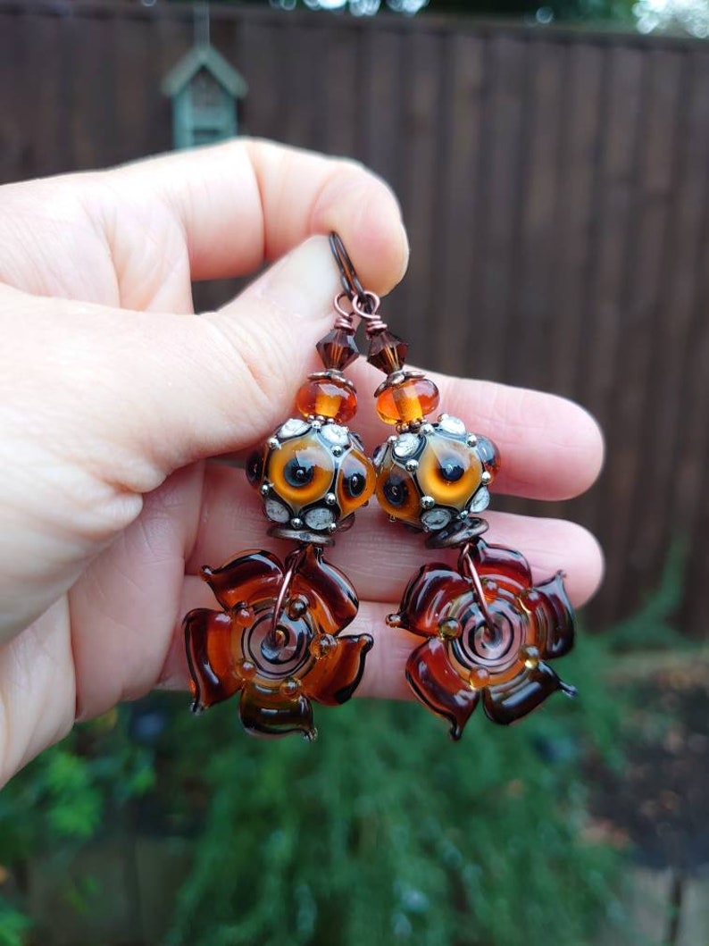 Flower earrings,Lampwork earrings,Glass earrings,Floral earrings,Niobium earrings,Artisan earrings,OOAK earrings,Ombre earrings,Boho,Copper