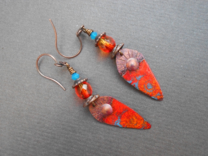 Tribal earrings,Ethnic earrings,Enamelled earrings,Glass earrings,Ombre earrings,Enamel earrings,Copper earrings,OOAK earrings,Boho earrings