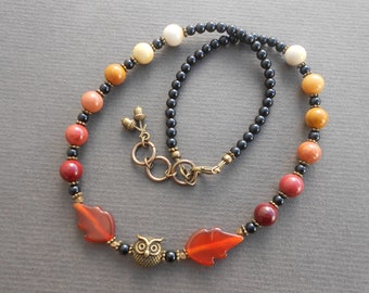 Owl necklace,Autumn necklace,Carnelian necklace,Mookaite necklace,Agate necklace,Beaded necklace,Ombre necklace,Gemstone necklace,OOAK,Boho