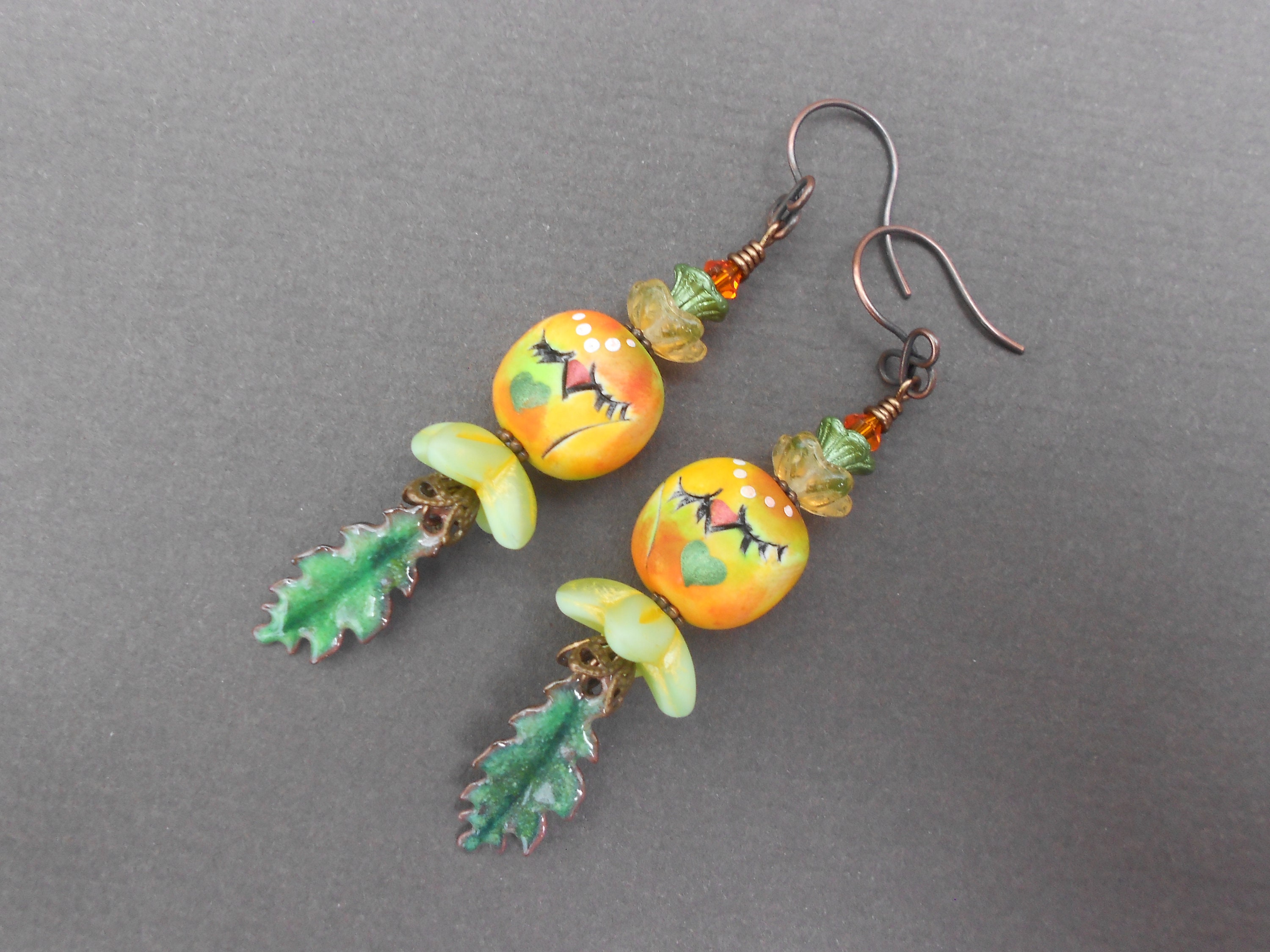 Boho Owl Earrings: Polymer Clay, Enamelled Copper Oak Leaf, Czech Glass