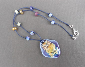 Owl necklace,Ceramic pendant,Owl pendant,Lampwork necklace,Beaded necklace,Ceramic necklace,Cord necklace,OOAK necklace,Glass necklace,Boho