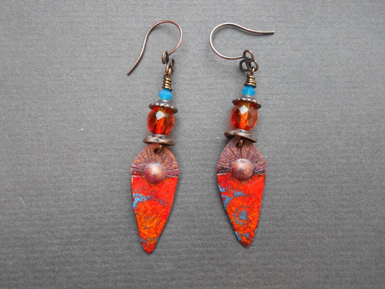 Tribal earrings,Ethnic earrings,Enamelled earrings,Glass earrings,Ombre earrings,Enamel earrings,Copper earrings,OOAK earrings,Boho earrings