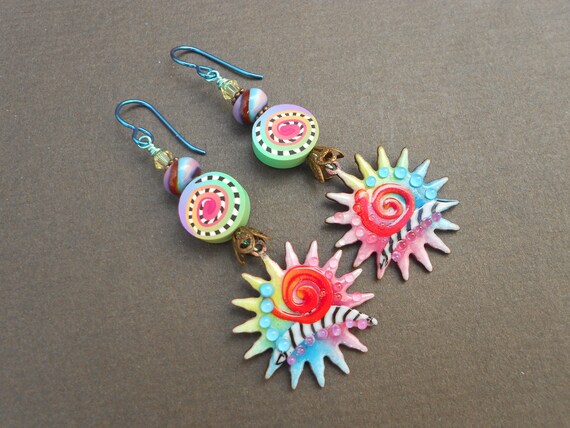 Boho earrings,Multicolour earrings,Lampwork glass earrings,Flower earrings,Enamel earrings,OOAK earrings,Dangle earrings,Hypoallergenic