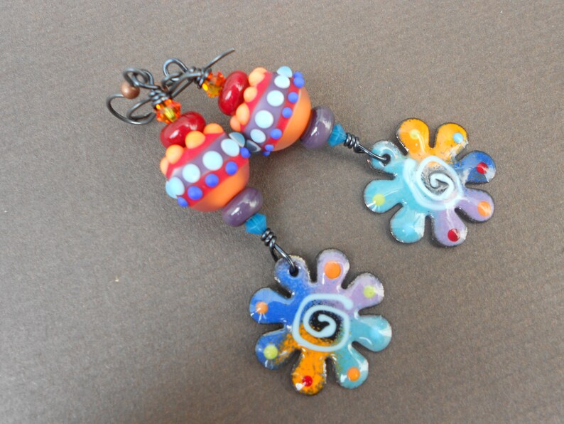 Boho earrings,Multicolour earrings,Lampwork glass earrings,Flower earrings,Enamel earrings,OOAK earrings,Dangle earrings,Hypoallergenic