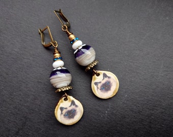 Cat earrings,Ceramic earrings,Lampwork earrings,Glass earrings,Lever back earrings,Pottery earrings,OOAK earrings,Cat lovers earrings,Boho