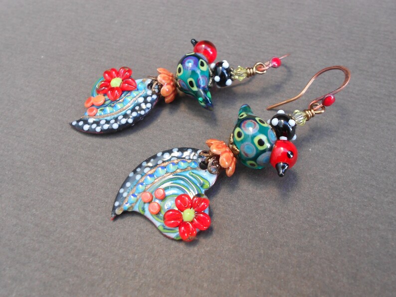 Bird earrings,Floral heart earrings,Heart earrings,Flower earrings,Enamelled earrings,Lampwork earrings,Romantic earrings,OOAK earrings,Boho