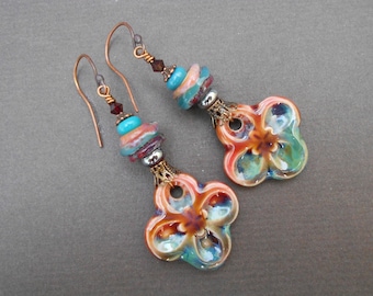 Boho earrings,Ceramic earrings,Glass earrings,Lampwork earrings,OOAK earrings,Flower earrings,Floral earrings,Summer earrings,Artisan