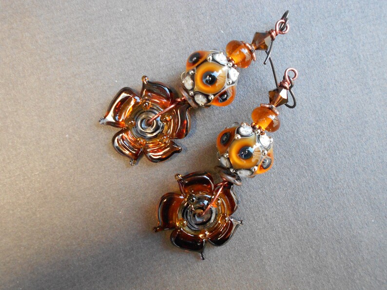 Flower earrings,Lampwork earrings,Glass earrings,Floral earrings,Niobium earrings,Artisan earrings,OOAK earrings,Ombre earrings,Boho,Copper