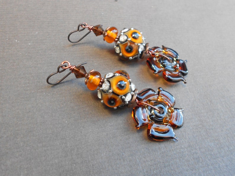 Flower earrings,Lampwork earrings,Glass earrings,Floral earrings,Niobium earrings,Artisan earrings,OOAK earrings,Ombre earrings,Boho,Copper