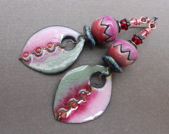 Boho earrings,Ceramic earrings,Tribal earrings,Enamel earrings,Leaf earrings,OOAK earrings,Drop earrings,Niobium earrings,Artisan drops