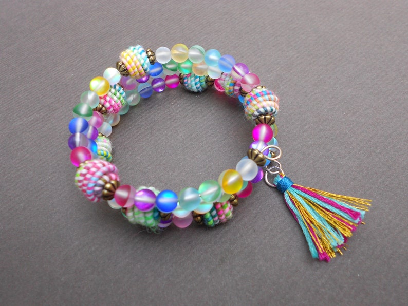 Multicolour bracelet,Multi wrap bracelet,Boho bracelet,Memory wire bracelet,OOAK bracelet,Fabric bracelet,Crystal bracelet,Tassel bracelet
