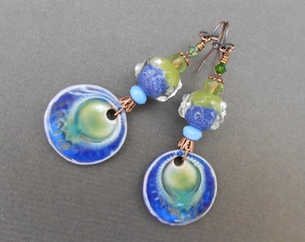 Boho earrings,Gypsy earrings,Ceramic earrings,Lampwork earrings,Porcelain earrings,OOAK earrings,Artisan earrings,Dangle earrings,Glass