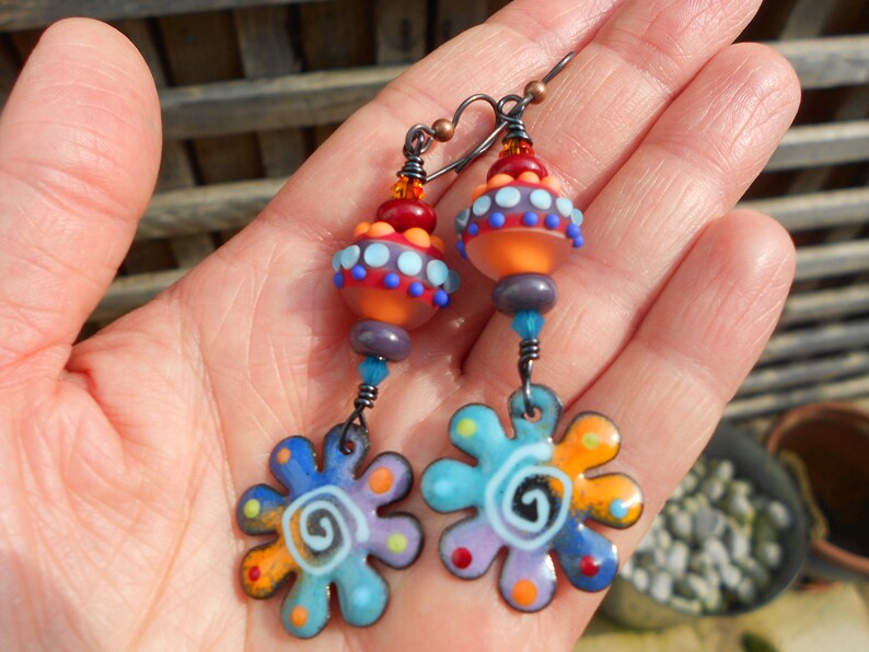 Boho earrings,Multicolour earrings,Lampwork glass earrings,Flower earrings,Enamel earrings,OOAK earrings,Dangle earrings,Hypoallergenic