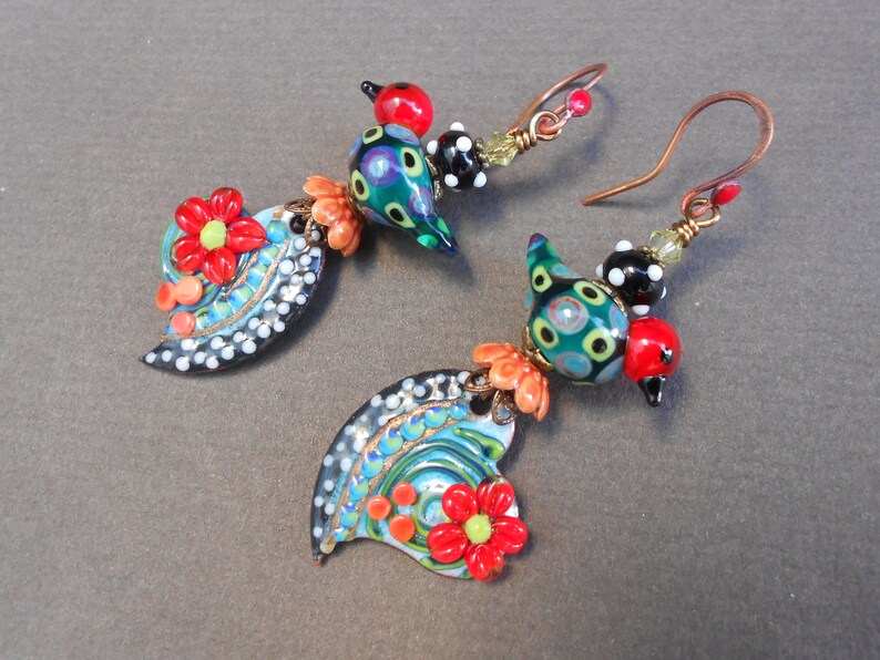 Bird earrings,Floral heart earrings,Heart earrings,Flower earrings,Enamelled earrings,Lampwork earrings,Romantic earrings,OOAK earrings,Boho