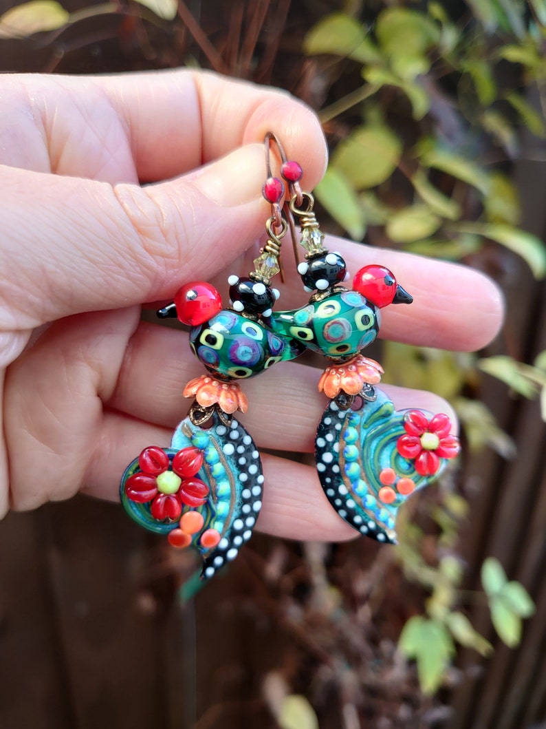 Bird earrings,Floral heart earrings,Heart earrings,Flower earrings,Enamelled earrings,Lampwork earrings,Romantic earrings,OOAK earrings,Boho
