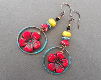 Flower earrings,Hoop earrings,Summer earrings,Boho earrings,Glass earrings,OOAK earrings,Copper earrings,Floral earrings,Artisan hoops,Red