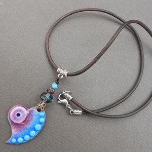 Heart necklace,Pendant necklace,Beaded pendant necklace,Romantic necklace,Heart pendant,Enamel pendant,Leather necklace,OOAK necklace