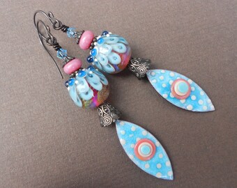 Boucles d’oreilles Boho,Boucles d’oreilles Dangle,Boucles d’oreilles multicolores,Boucles d’oreilles abstraites,Boucles d’oreilles Lampwork,Boucles d’oreilles à pois,Boucles d’oreilles OOAK,Boucles d’oreilles en émail