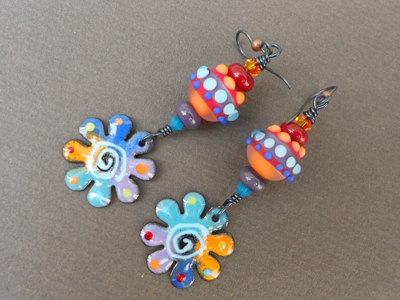 Boho earrings,Multicolour earrings,Lampwork glass earrings,Flower earrings,Enamel earrings,OOAK earrings,Dangle earrings,Hypoallergenic