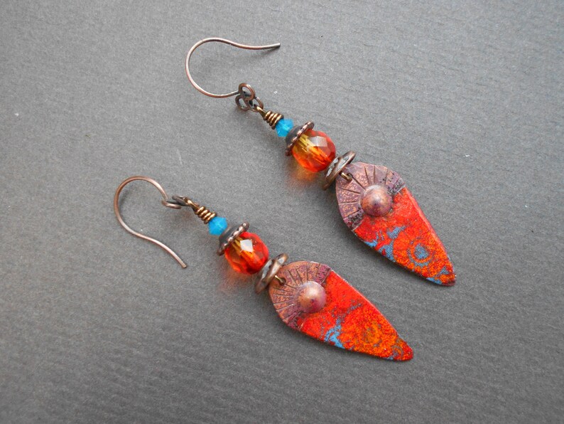 Tribal earrings,Ethnic earrings,Enamelled earrings,Glass earrings,Ombre earrings,Enamel earrings,Copper earrings,OOAK earrings,Boho earrings