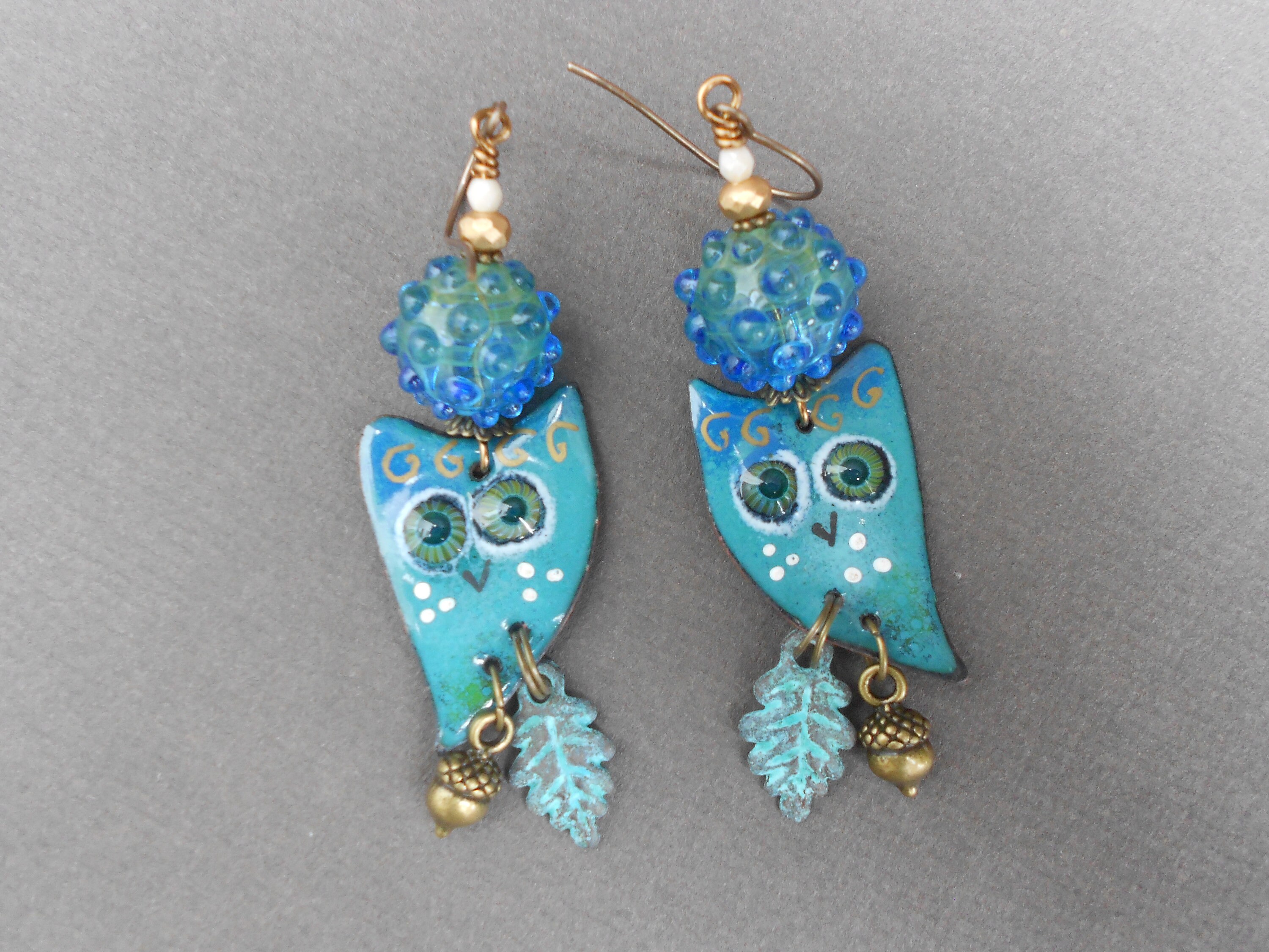 Enamelled Copper Owl Earrings: Lampwork Glass, Autumn Jewelry